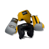 Set Bayoneta Premium PuLat Horse Hair Gloves/ Professional Headgear with Cheeks/ Groin Guard - Gray/ Yellow/ Black